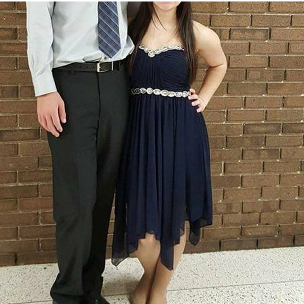 Navy Uneven Hem Formal Dress